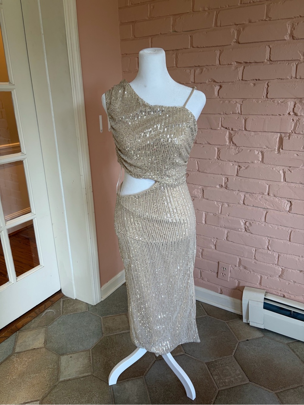 Hello Molly Gold Sequin Asymmetric Cutout Midi Skirt